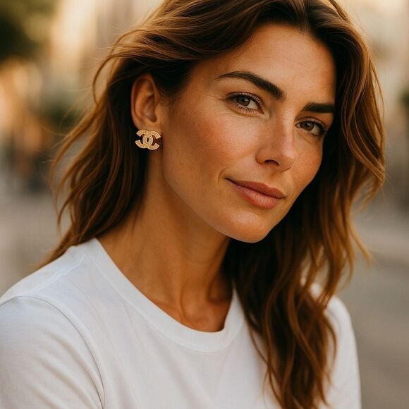 CHANEL Gold Stud Earrings with Crystal Floral Design - Picture 1 of 9